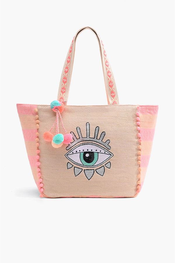 Bling Eye Tote - Pink And Teal Hand Beaded Evil Eye Tote