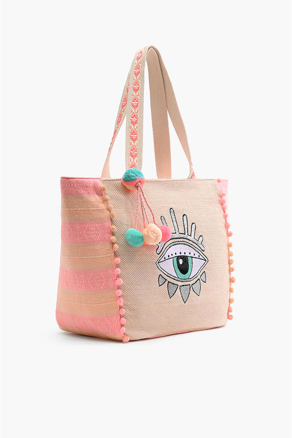 Bling Eye Tote - Pink And Teal Hand Beaded Evil Eye Tote
