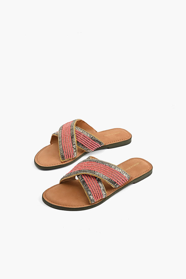 Coral Crush Hand Beaded Slide Sandals