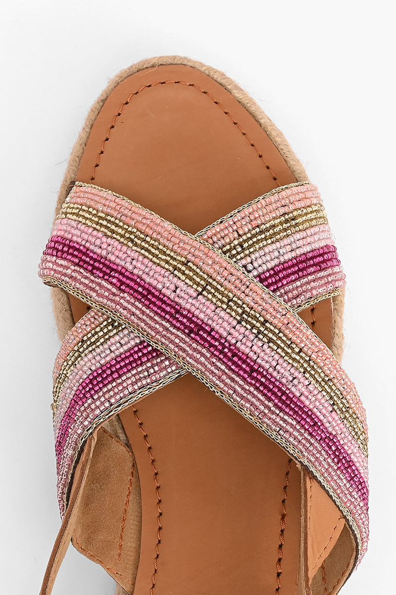 Pink Stripes Beaded Flatform Sandals